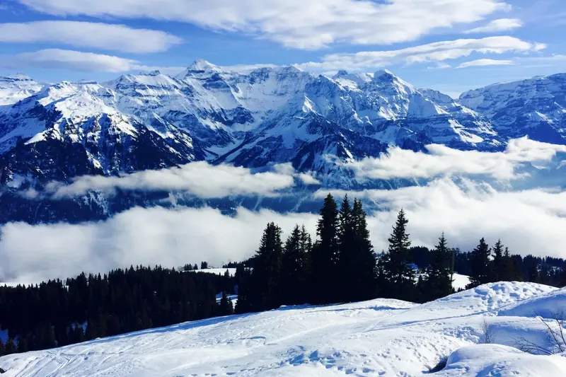 Wolkenzee in het dal, besneeuwde toppen erboven