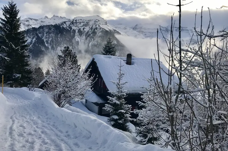 Besneeuwd pad langs een chalet, bergen in de wolken